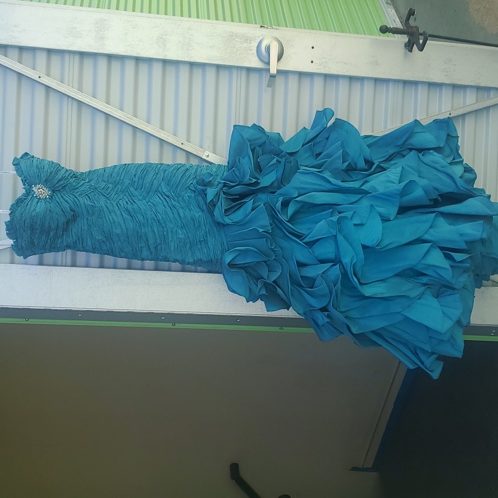 Alyce Designs AQUA Strapless Drop Waist Flamingo Style Gown Ruche High & Low 4 - Picture 17 of 17